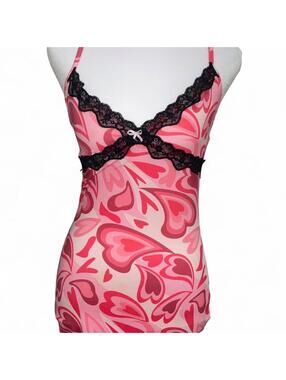 Pink heart slip dress with black lace trim